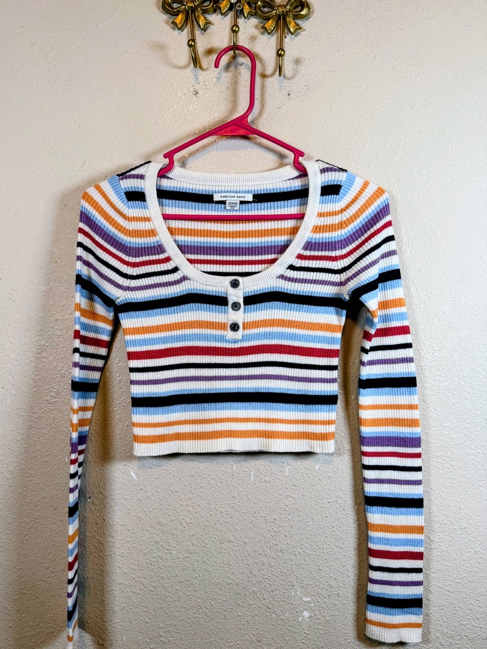 American Eagle Multicolor Striped Ribbed Scoop-Neck Cropped Top. Size XS